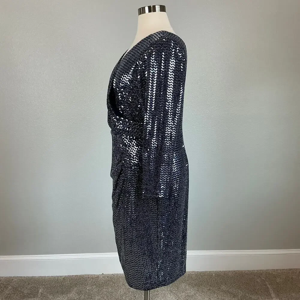 Betsy & Adam Sparkly Long Sleeve V-Neck Sheath Cocktail Dress Size 18W Navy Blue - Picture 6 of 13